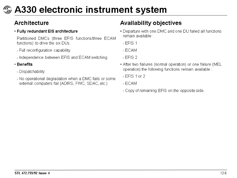 A330 electronic instrument system 12.6 Architecture Fully redundant EIS architecture  Partitioned DMCs (three